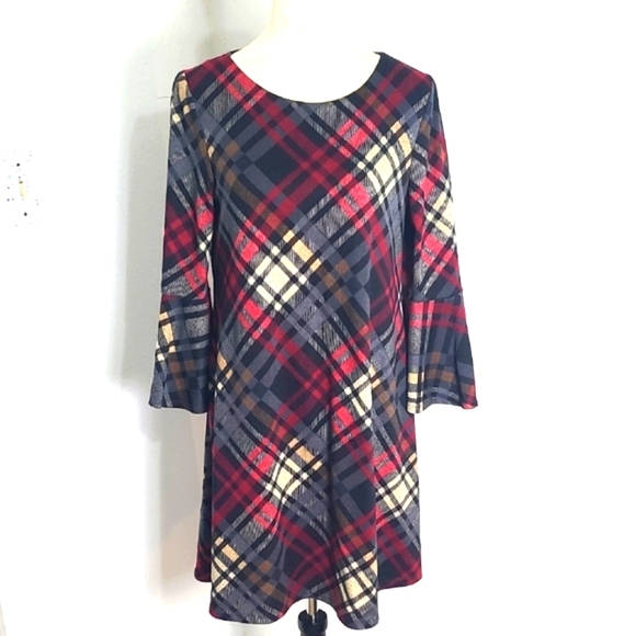 Jessica Howard Multicolor Plaid Dress with Bell Sleeves, Size Medium - Picture 2 of 10